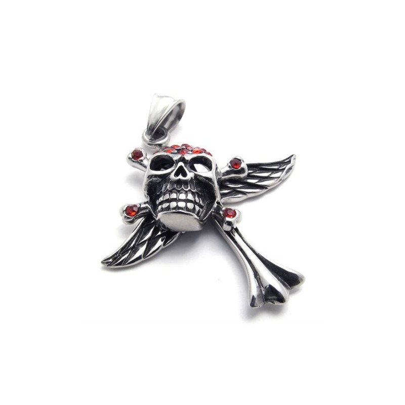 Kreuz-Totenkopf-Anhänger Aus Titan Mit Rotem Diamant Kreuz-Totenkopf-Anhänger Aus Titan Mit Rotem Diamant