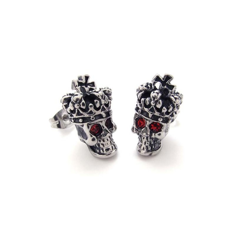 Titan-Ohrringe Mit Roter Diamantkrone Und Totenkopf Titan-Ohrringe Mit Roter Diamantkrone Und Totenkopf