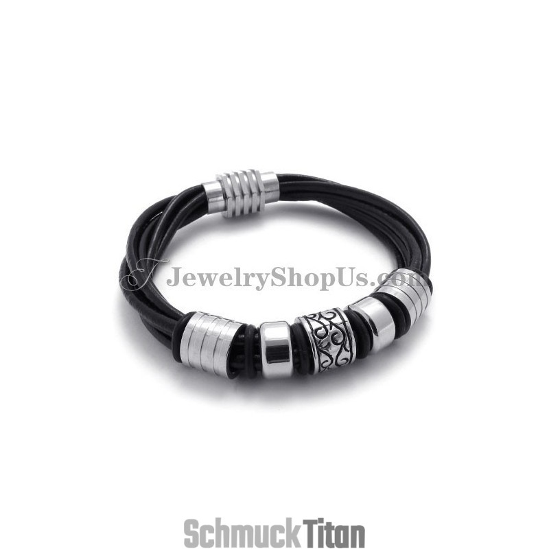 Elegantes Schwarzes Leder- Und Titanarmband