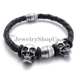 Elegantes Lederarmband Mit Titan-Totenköpfen