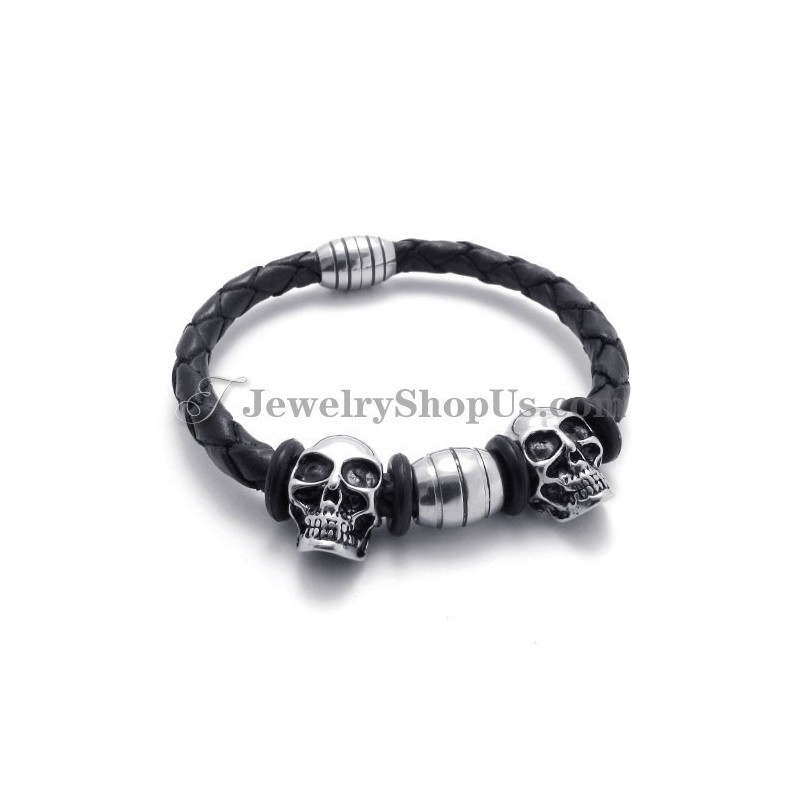 Elegantes Lederarmband Mit Titan-Totenköpfen Elegantes Lederarmband Mit Titan-Totenköpfen