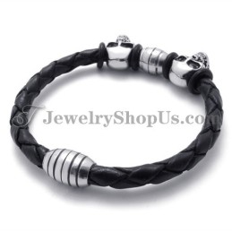 Elegantes Lederarmband Mit Titan-Totenköpfen